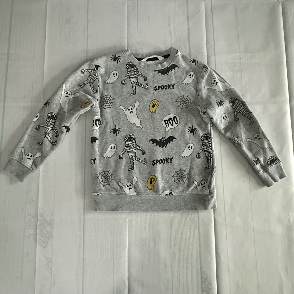 H&M Kids Halloween Sweatshirt Gray Mummy Ghost Bat Spooky Print Size 4-6Y HM